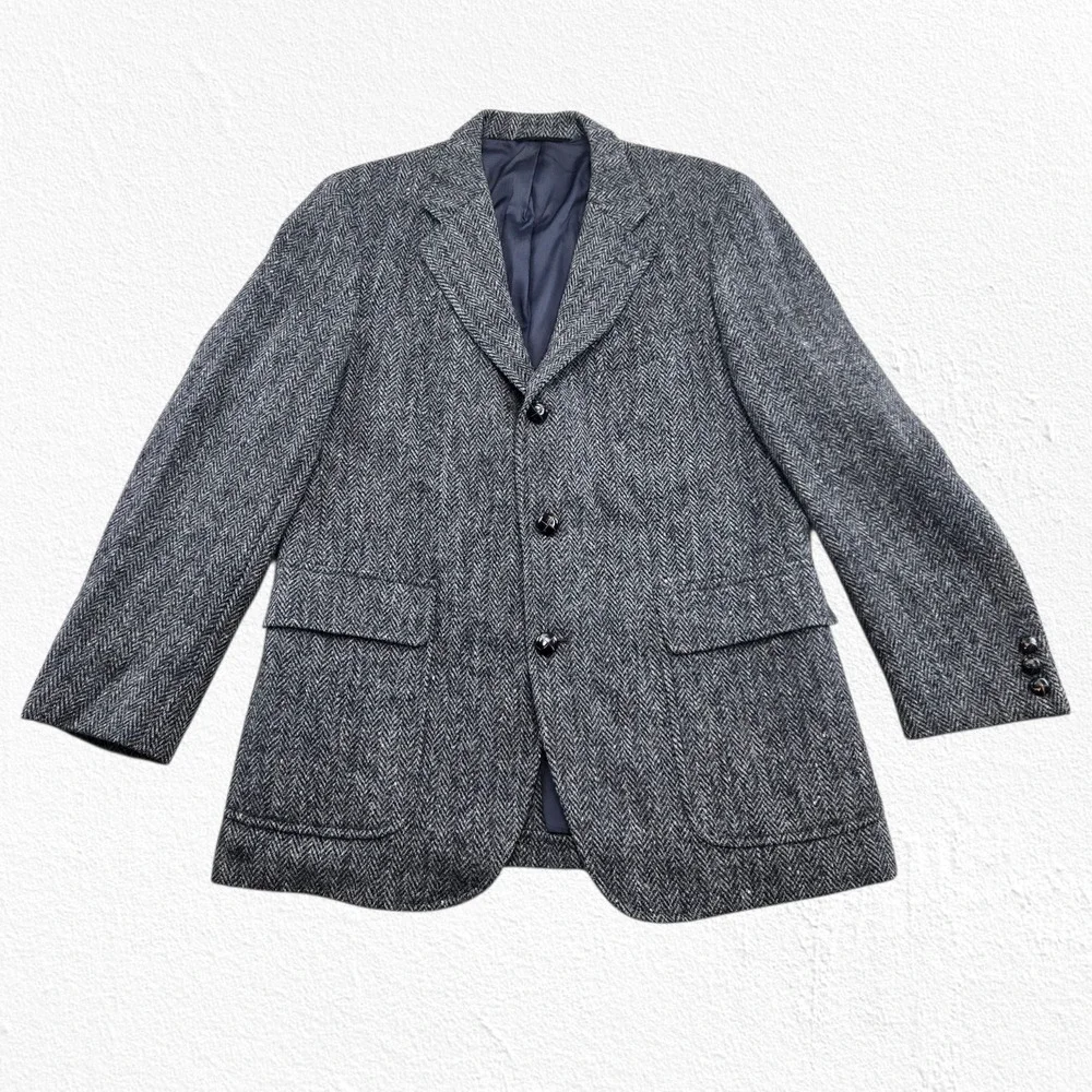 Vintage 50s Harris Tweed Wool Blazer Navy Gray Herringbone USA Made Size 42R